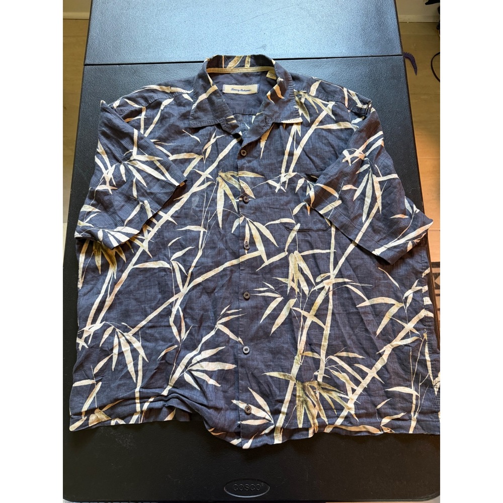 Tommy Bahama Mens XXL Blue Bamboo Print 100% Linen Short Sleeve Camp Shirt
